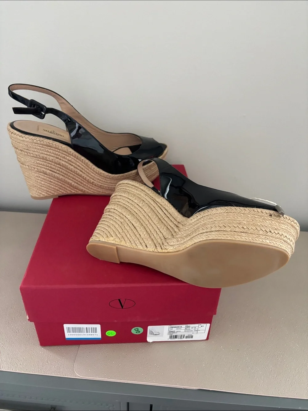 Valentino Black Patent Leather Espadrille Wedge Sandals